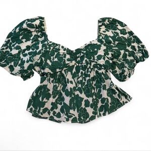 English Factory Green Floral Puff-Sleeve Top